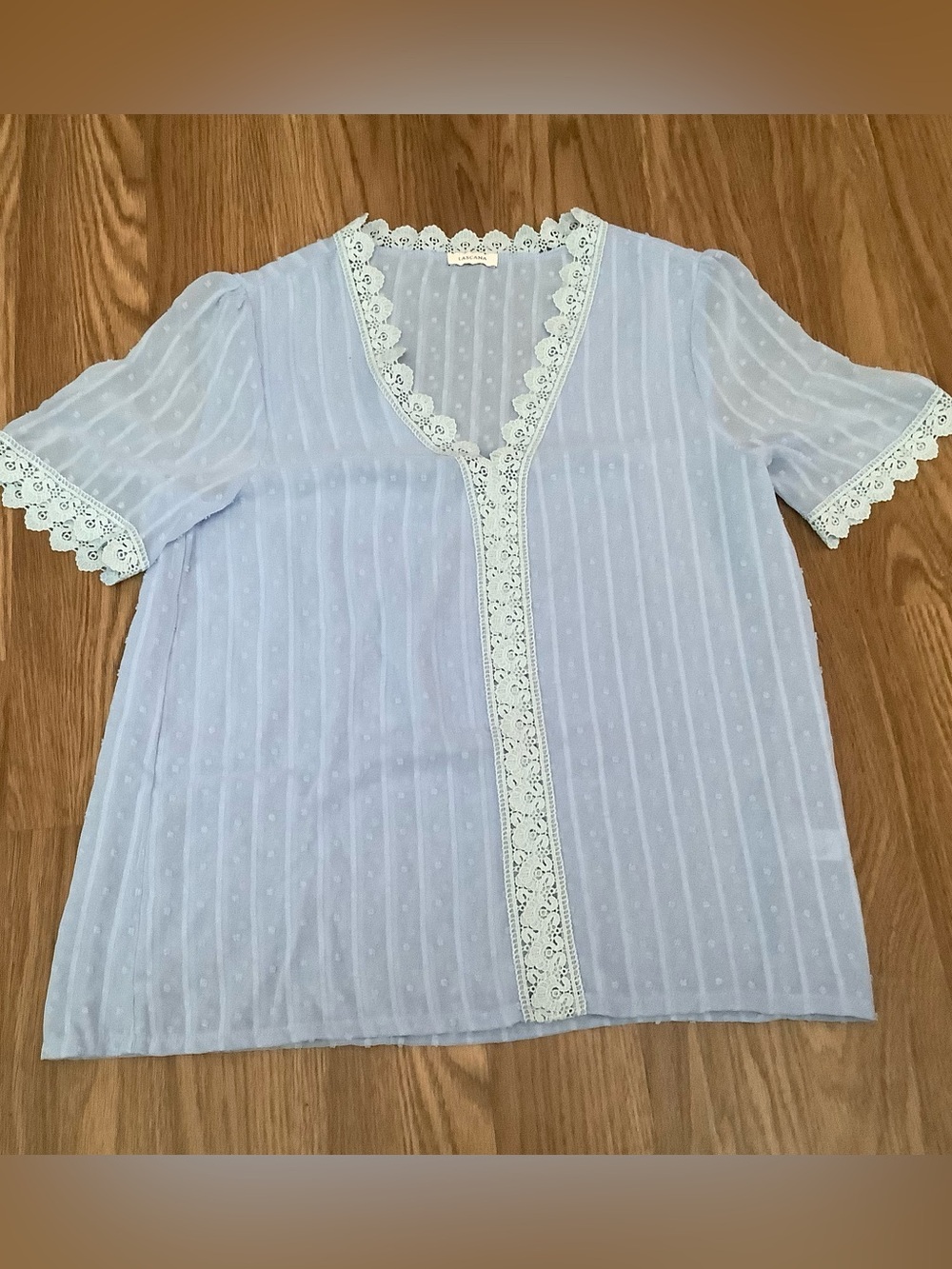 Lascana  Crochet Trim V-Neck Sheer Blouse, Light Blue, Swiss Dot Size 8
